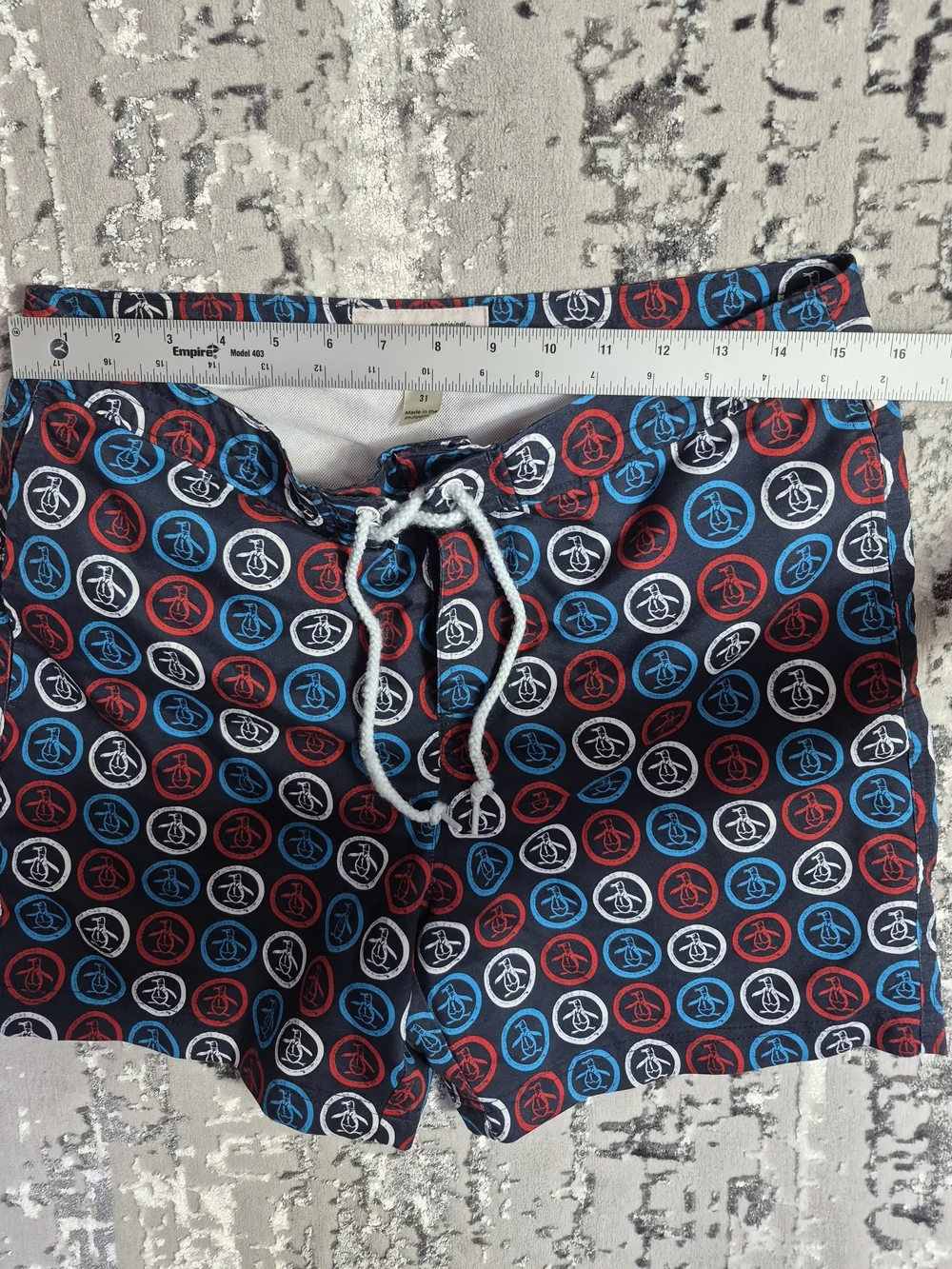 Original Penguin Navy Swim Shorts with Red & Blue Logo Circles